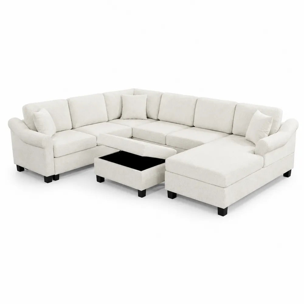 Ecksofa Set Beige Stoff mit Ottomane und Kissen