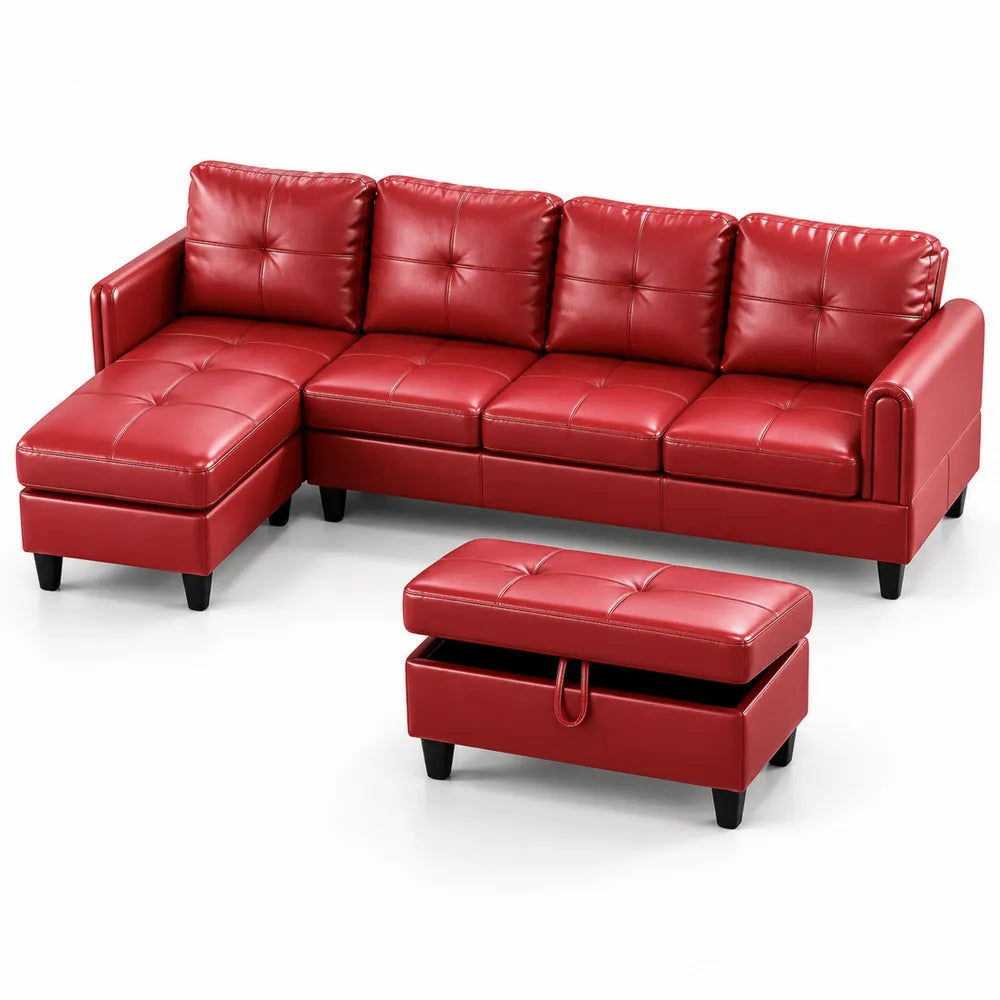 Ecksofa aus Kunstleder Rot mit Stauraumhocker
